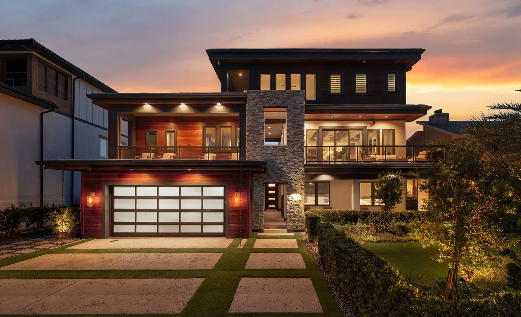 Modern two-story home at dusk